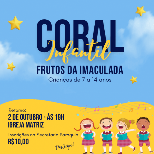 Cheerful sky-blue flyer with clouds, gold stars and illustrated singing children, an energetic two-font title, and a wavy yellow block holding the registration details