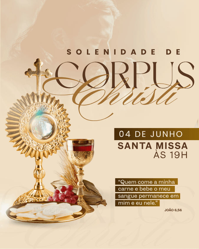 Elegant poster with a golden monstrance, chalice, grapes, wheat and communion hosts as the focal point, a translucent portrait of Christ behind, and gold script over a serif title