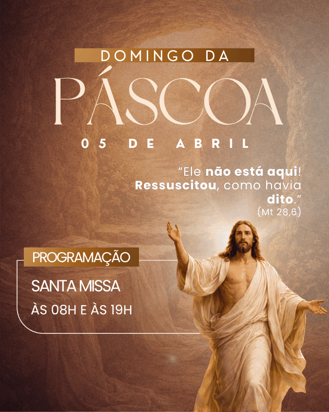 Easter graphic blending the resurrected Christ with an empty tomb background in warm golden tones, with an elegant serif title and an organized schedule block