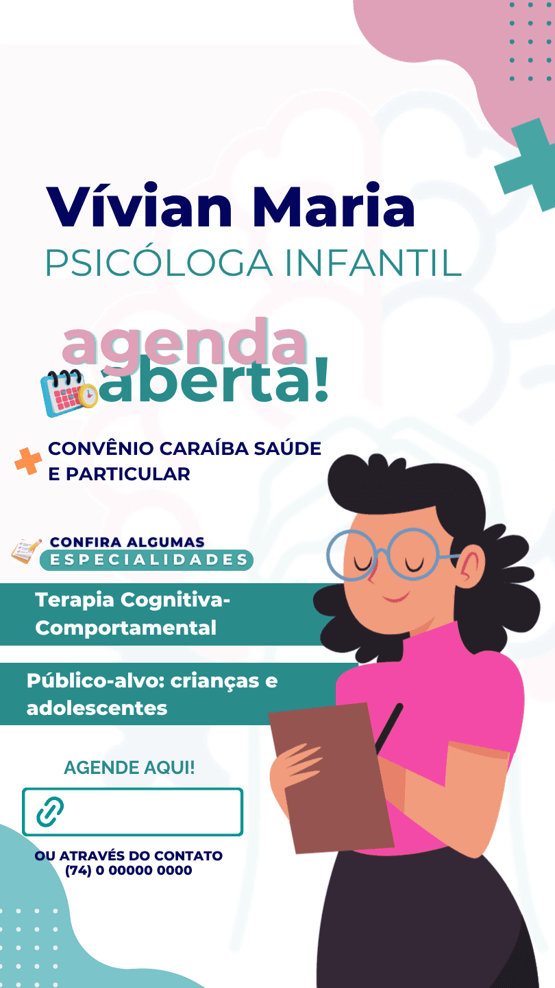 Instagram story in teal and pink for Instituto Desenvolver-TEA introducing a child psychologist with an illustrated portrait, an 'agenda aberta!' headline, specialty and health-plan blocks, and a booking call to action