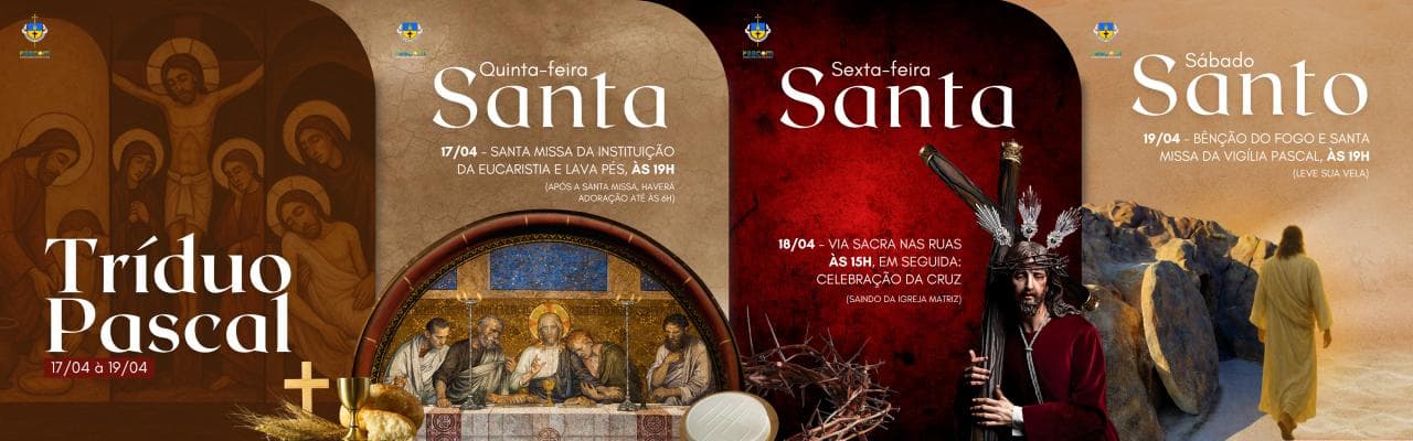 Four sequential panels for the Paschal Triduum moving from earthy browns through deep crimson to bright sunrise tones, each with layered religious artwork and schedule details
