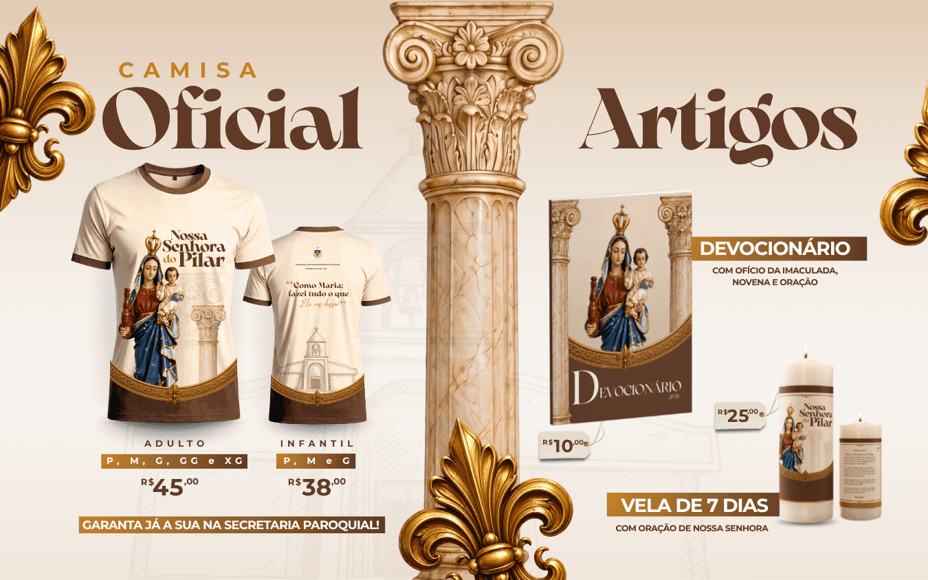 Promotional layout in warm cream and brown showing t-shirt mockups for adults and children, a devotional booklet, and branded prayer candles with pricing details