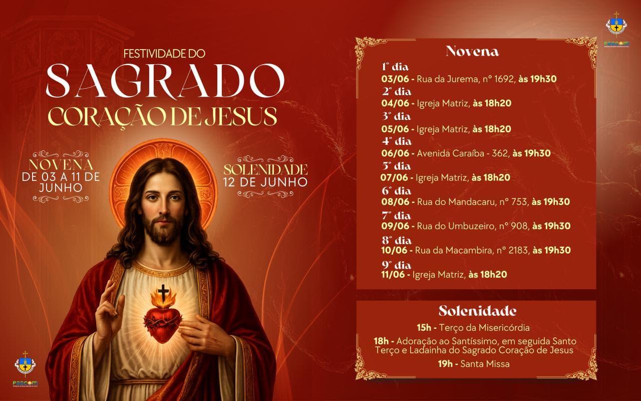 Landscape schedule graphic in deep crimson and gold with a central portrait of Christ and ornate gold-bordered panels listing the novena and solemnity events
